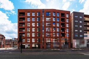Seven-storey city centre apartment block with red facing brickwork by Vanguard Masonry