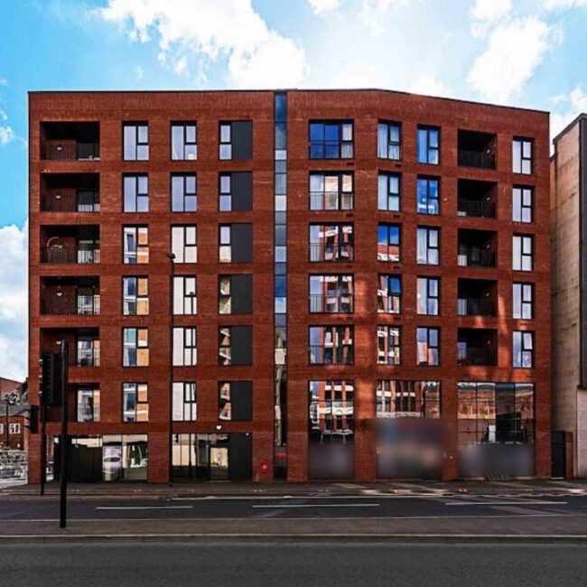 Seven-storey city centre apartment block with red facing brickwork by Vanguard Masonry